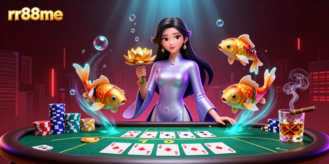 Experience thrill at rr88me with a vibrant 3D illustration of poker gameplay, showcasing lively characters and rich visuals.