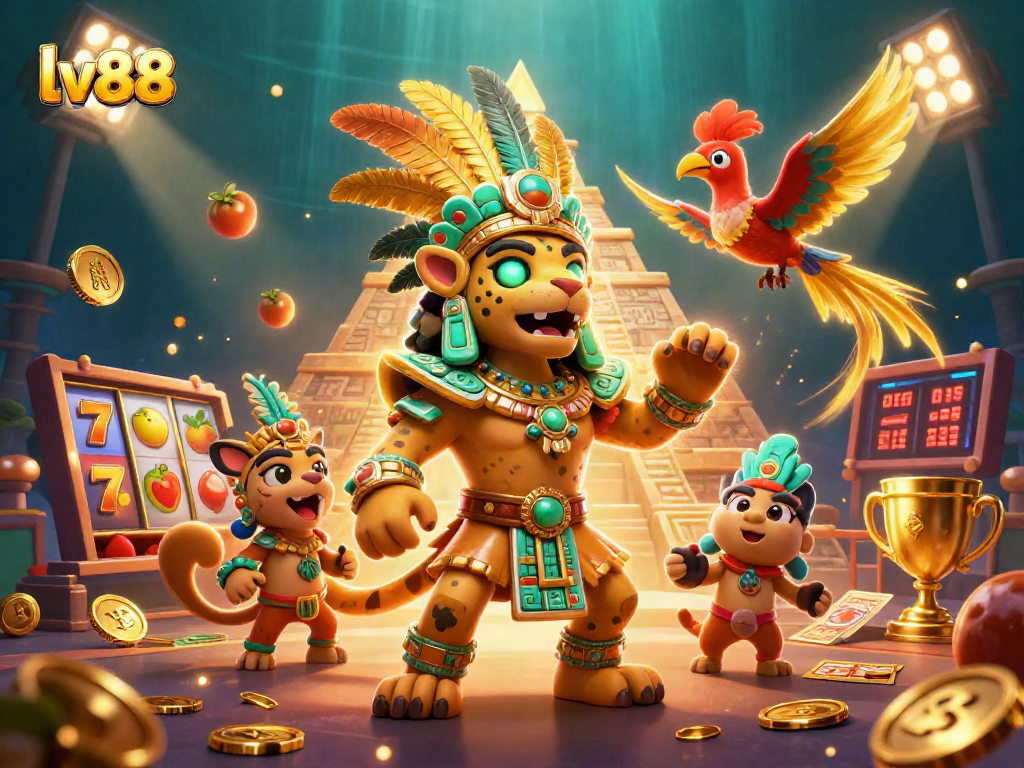 Engage in thrilling lv88 casino action with vibrant scene of a Mayan jaguar priest and games