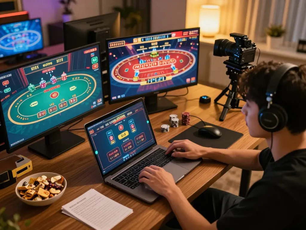 Engaging in strategic online gaming at sky88 with multiple screens and betting notes.
