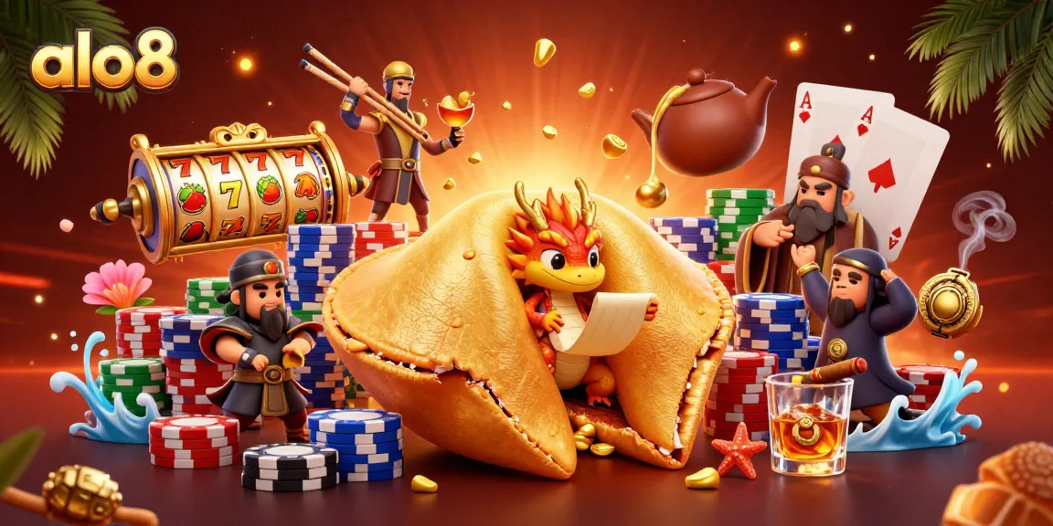Experience the thrill of gambling at alo8 with a vibrant 3D illustration featuring a golden fortune cookie and dynamic casino elements.