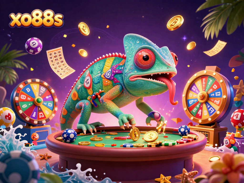 Experience the excitement of xo88s with a chameleon casino owner surrounded by dynamic gambling elements.