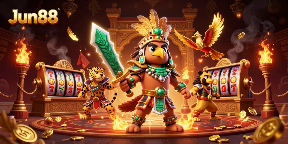 Experience thrilling gameplay at Jun88 with dynamic Aztec warriors and casino symbols filling the scene.