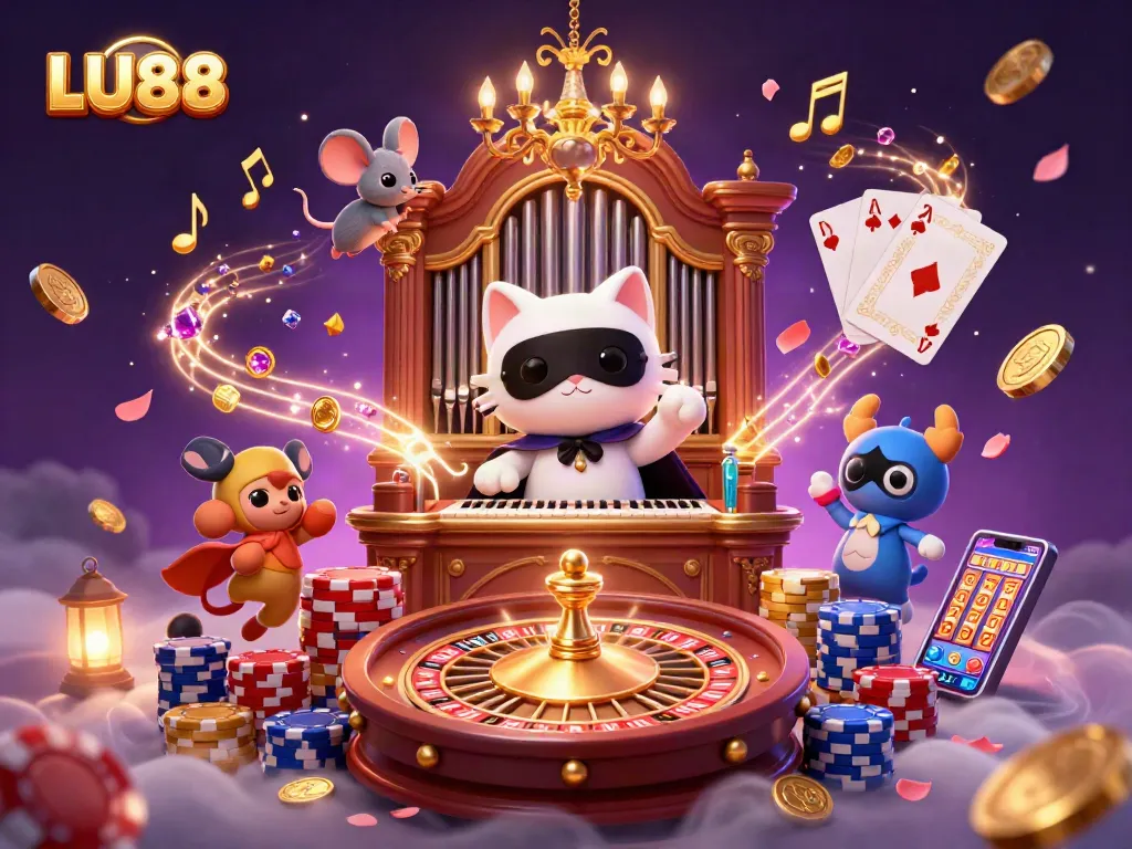 LU88 engages players with an enchanting casino scene featuring a masked cat and festive game elements.