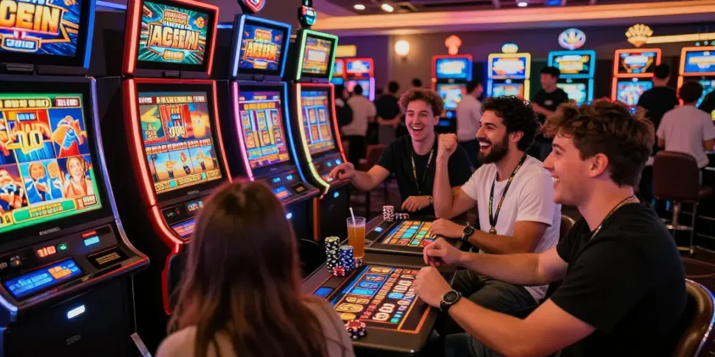 Permainan slot88 yang menyenangkan dengan teman-teman di kasino yang ramai.