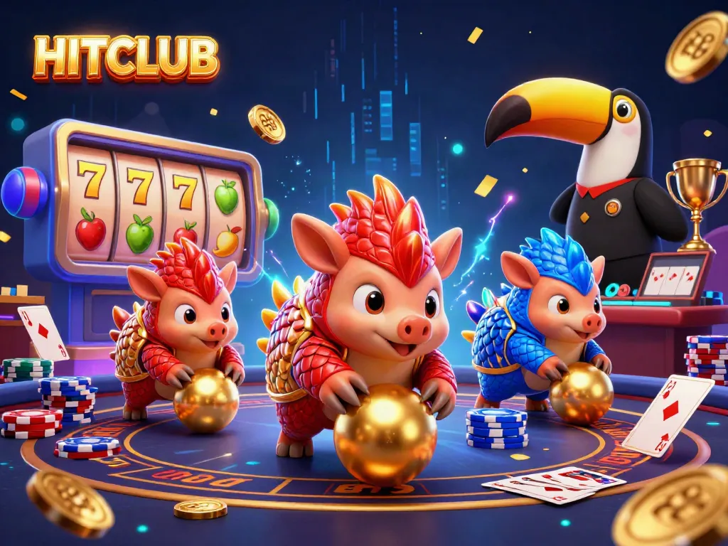 Engage in thrilling gameplay at HITCLUB with dynamic pangolin characters and vibrant casino elements.