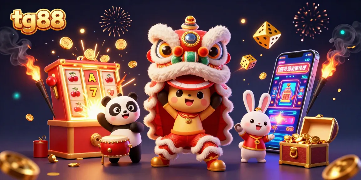 Engage with tg88’s vibrant casino experience featuring a dynamic lion dance and immersive game elements.