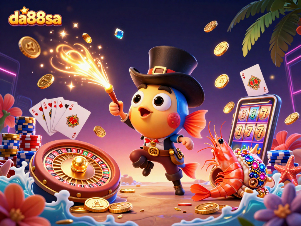 Engage with da88sa's vibrant gaming adventure featuring animated aquatic characters in a lively casino atmosphere.