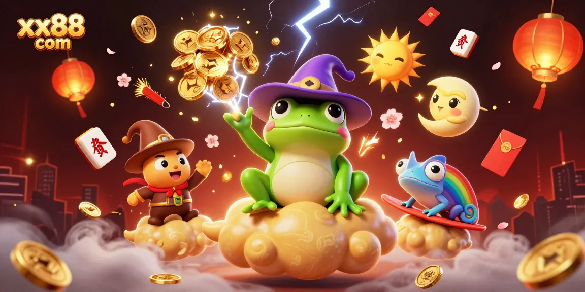 Experience magical winnings at xx88 com with a vibrant casino-themed illustration featuring enchanting characters and golden elements.