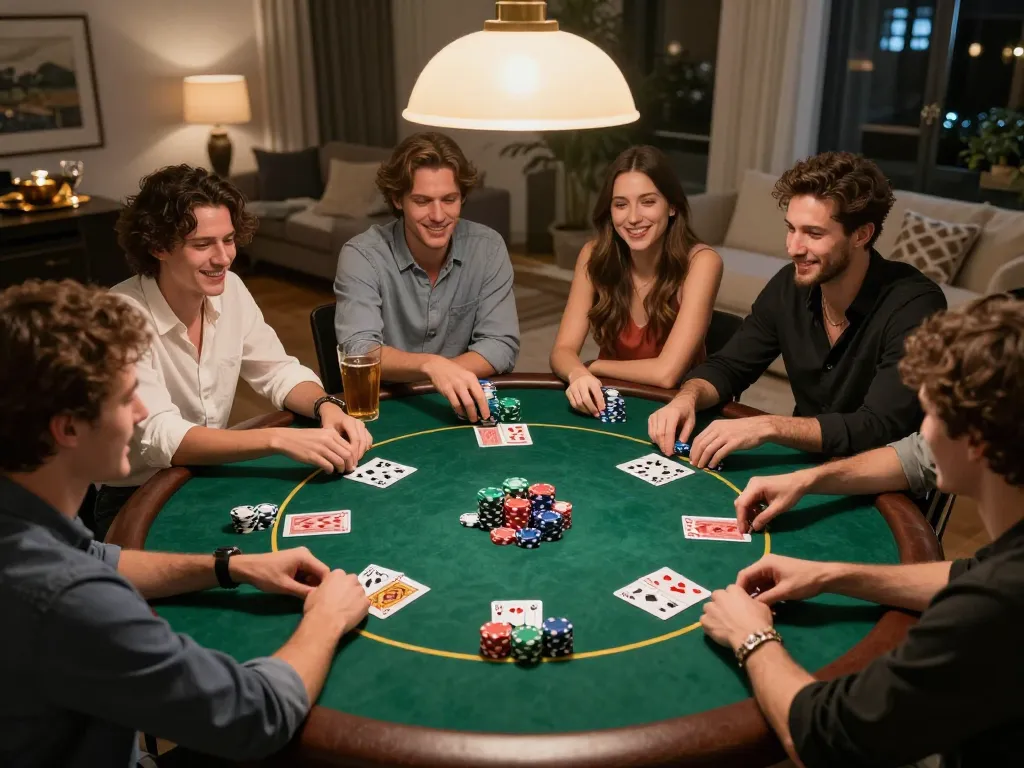 Play poker with friends at home, showcasing a lively game night atmosphere with 23Win excitement.