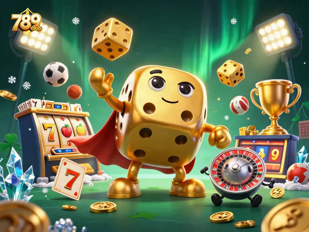 Engage with 789club's thrilling games in a vibrant 3D illustration rich with dynamic casino elements.