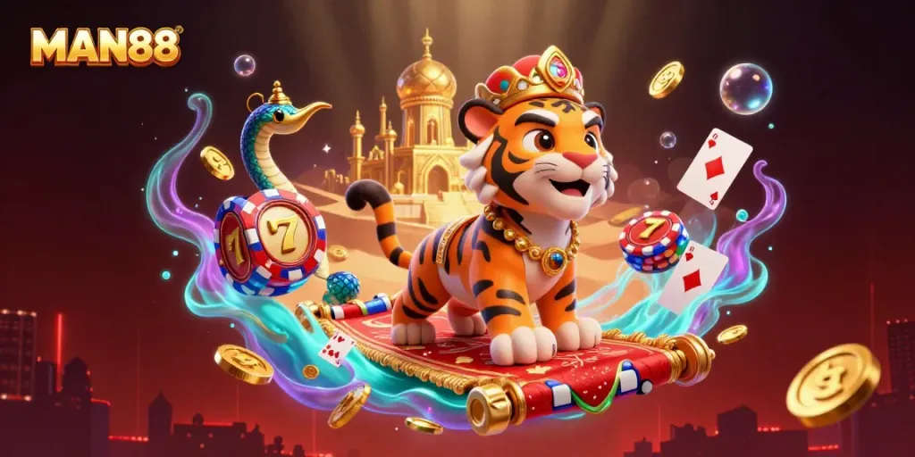 Experience the exciting world of online gaming with MAN88, featuring vibrant slot reels and enchanting characters.