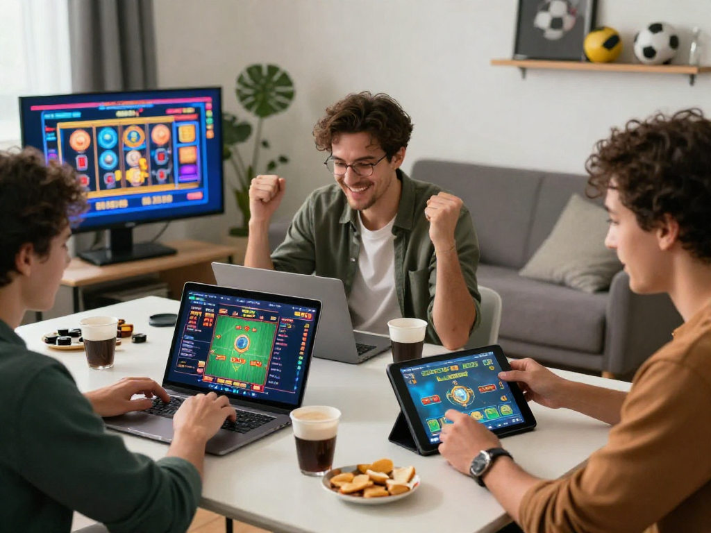 Group of friends exploring gambleonline options in a cozy living room.
