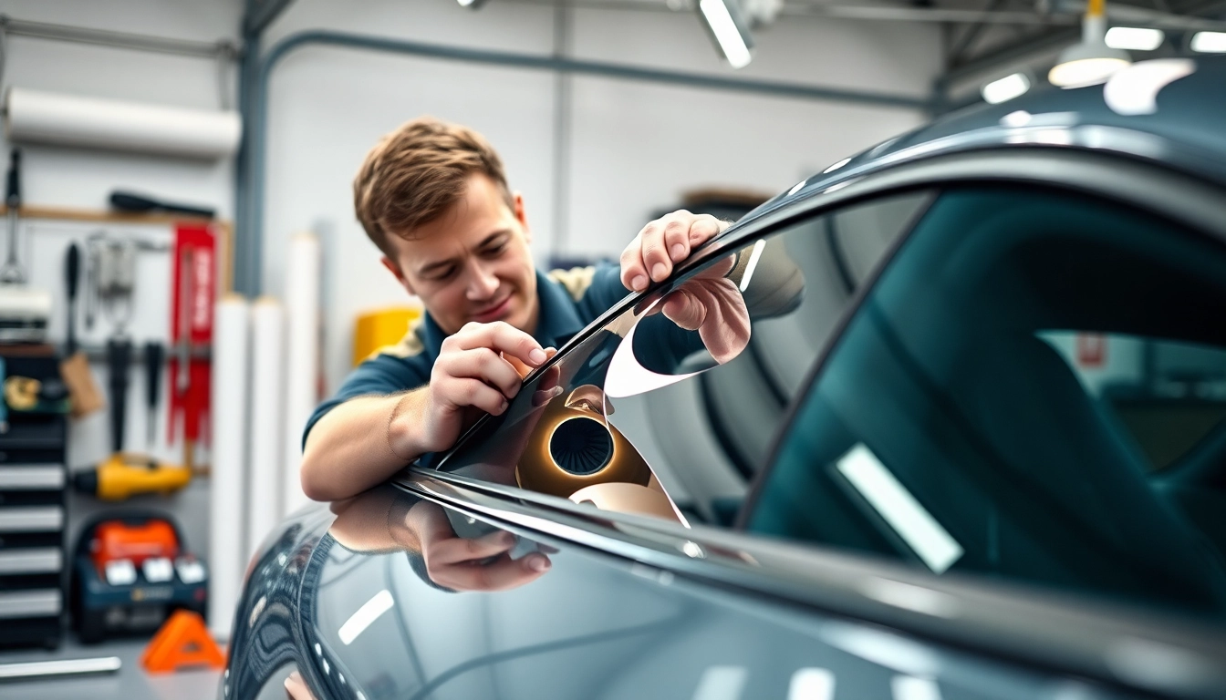 Applying auto window tint near me with precision and care in a professional garage.