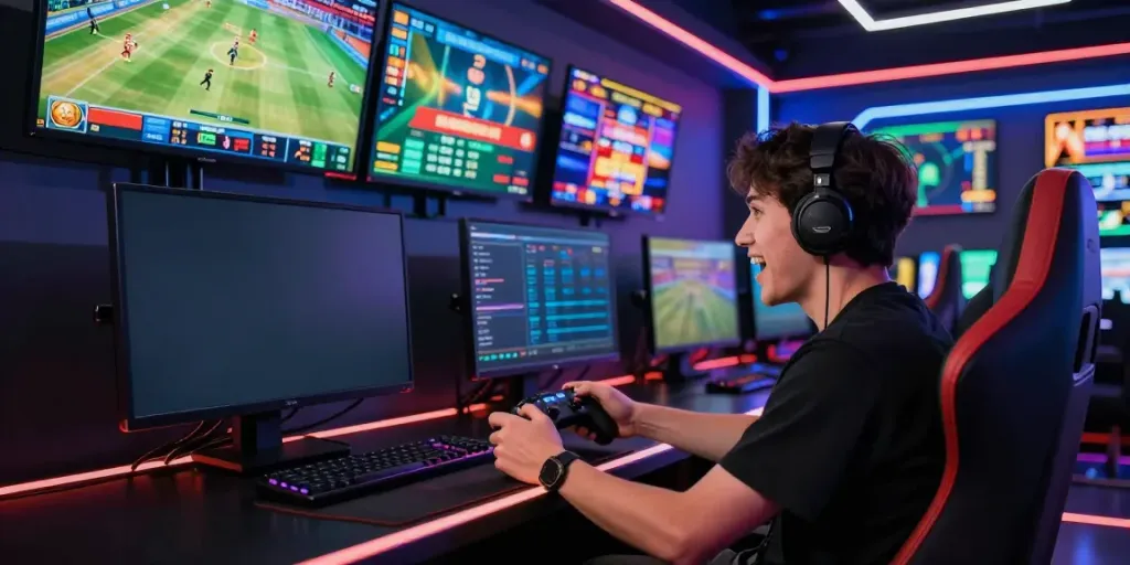 Excited player engaging with the Man88 gaming platform in a vibrant room.