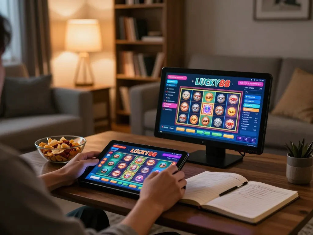 Player engaging with LUCKY88 online casino on tablet, enjoying a strategic gaming experience in a cozy home
