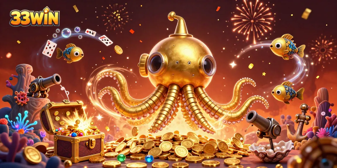 Engage with thrilling games at 33WIN featuring a vibrant scene with a golden kraken and wealth of treasures.