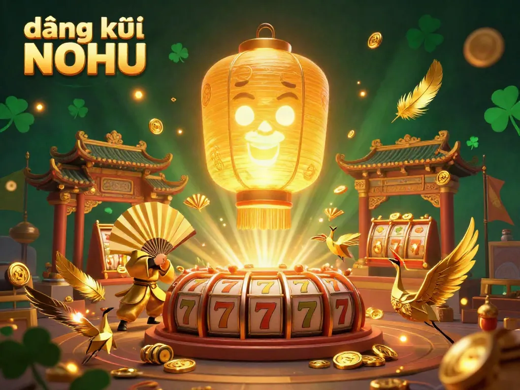 Engage in the vibrant world of đăng ký NOHU with a captivating night market casino scene featuring golden lantern spirits and dynamic slot games.