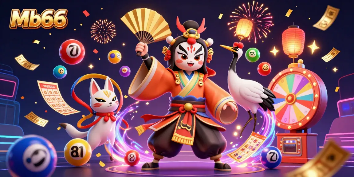 Experience thrilling action with Mb66, showcasing vibrant lottery balls, a kabuki warrior, and stunning casino elements.