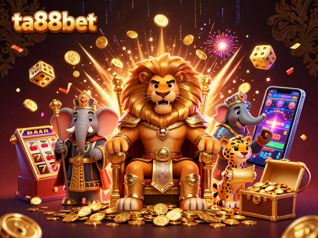 Experience the thrill of ta88bet with a majestic lion king and vibrant casino elements in a vibrant scene.