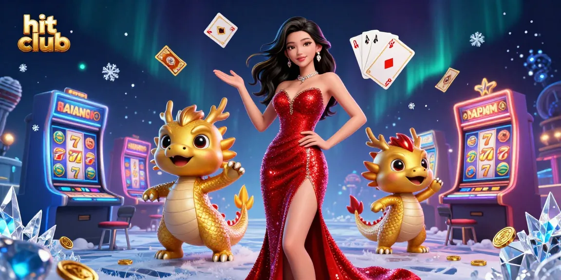 Spin the reels with hit club's vibrant casino scene featuring a glamorous woman, golden dragon, and dynamic elements.
