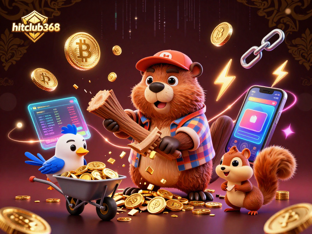 Experience the excitement of hitclub368 with vibrant casino-themed 3D characters and crypto elements.