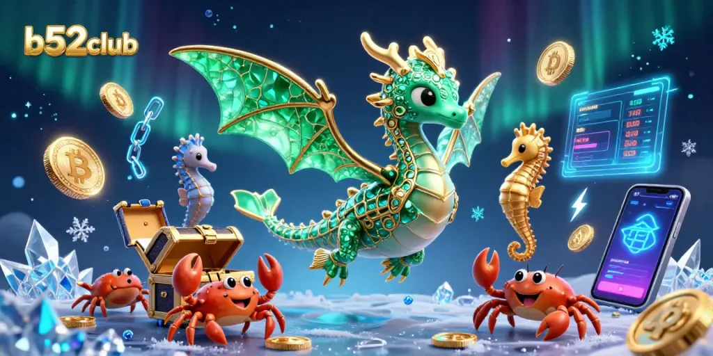 Play exciting games at b52club featuring a vibrant 3D sea dragon and glowing crypto coins.