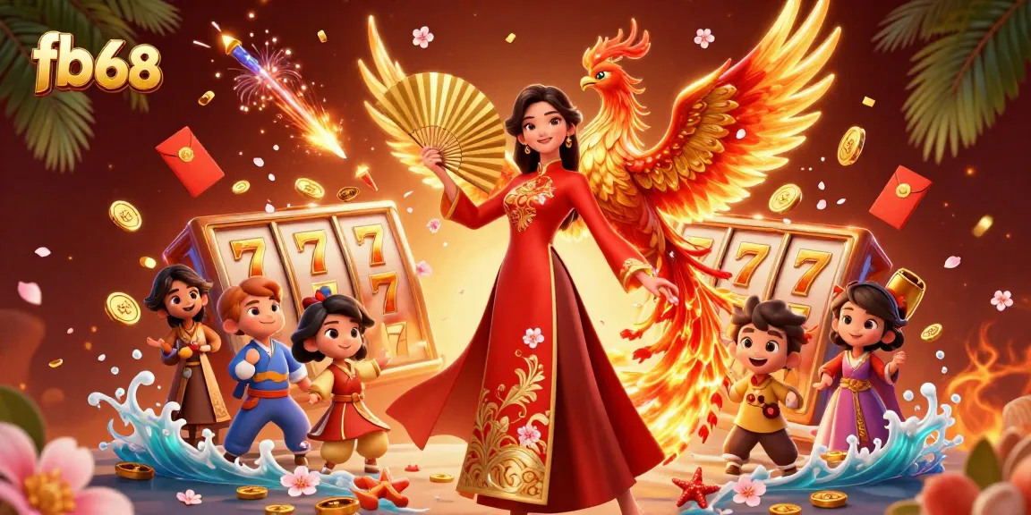 Win big with fb 68's vibrant 3D casino scene featuring jackpot reels and festive elements.