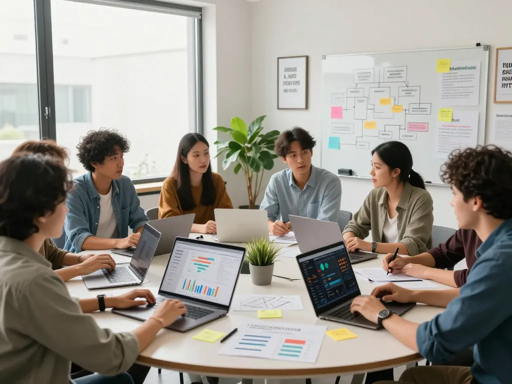Collaborative marketing team brainstorming at https://7mvna.com/ in a modern office.