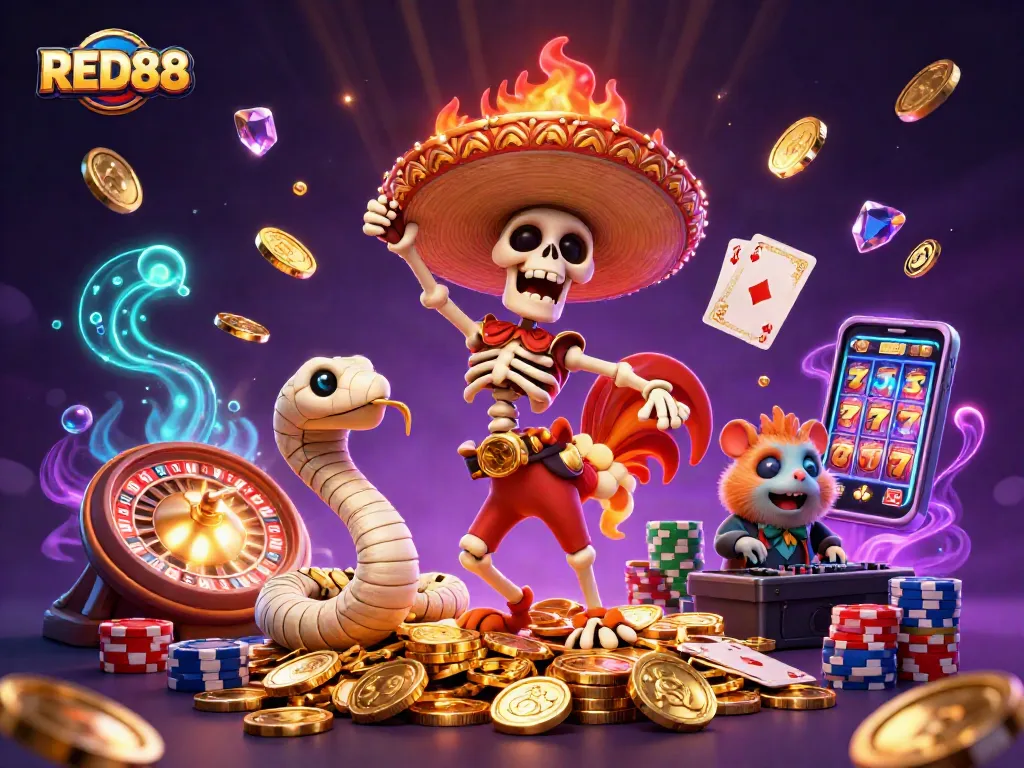 RED88 invites players to enjoy thrilling wins with vibrant casino elements and action-packed characters.