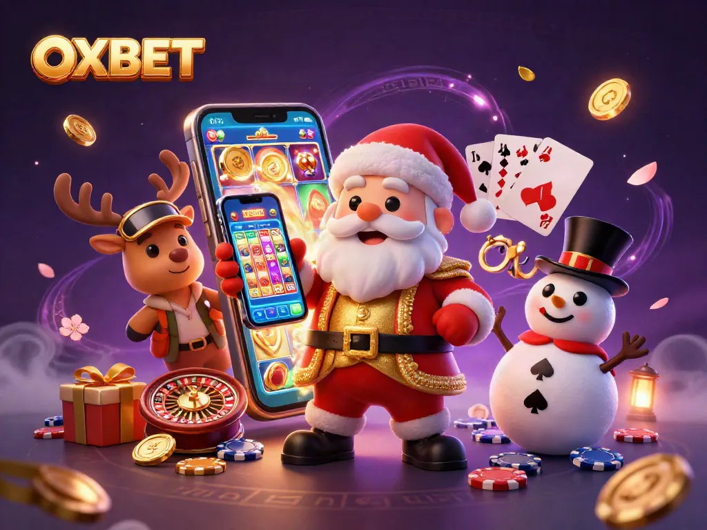Experience OXBET's thrilling online casino with colorful slot games and festive characters enjoying jackpots.