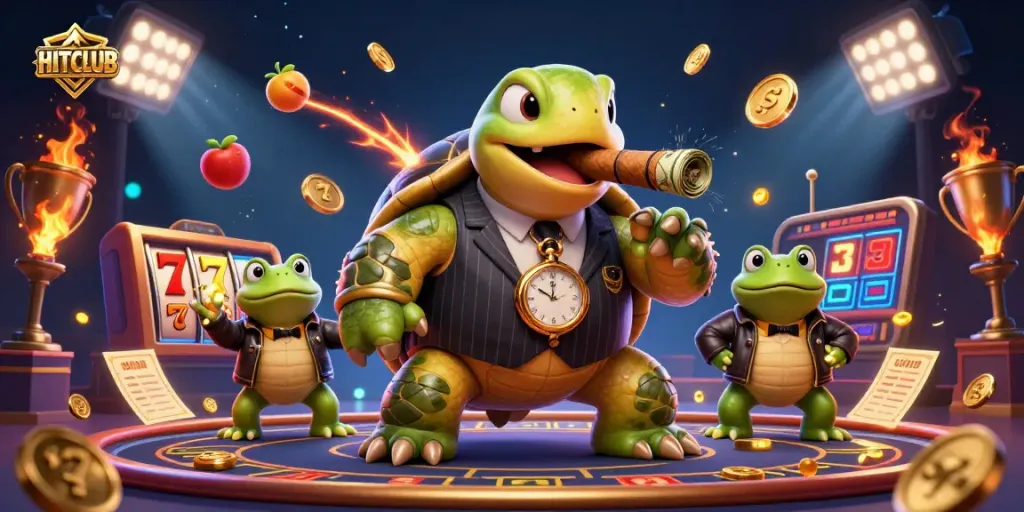 Experience HITCLUB's vibrant gaming world with slots and interactive characters in a dynamic 3D casino scene.