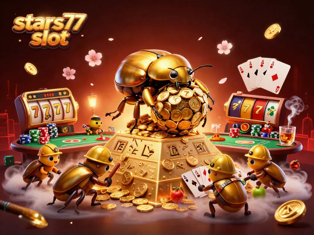 Menggulung koin emas, simbol slot, dan keberuntungan dalam ilustrasi stars77 slot yang menawan.