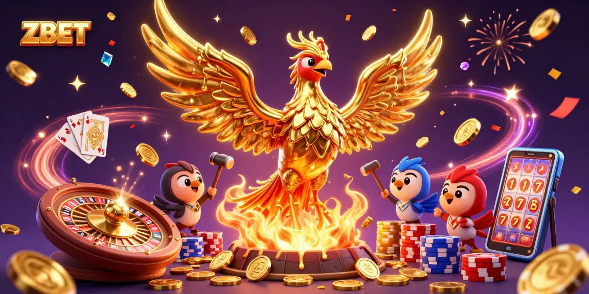 Experience the excitement of ZBET with a dynamic illustration of a golden phoenix and casino elements.