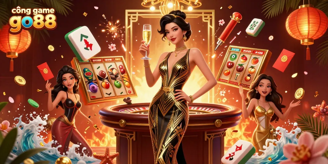Engage with cổng game go88's vibrant casino experience featuring a glamorous character amidst rich gambling symbols.
