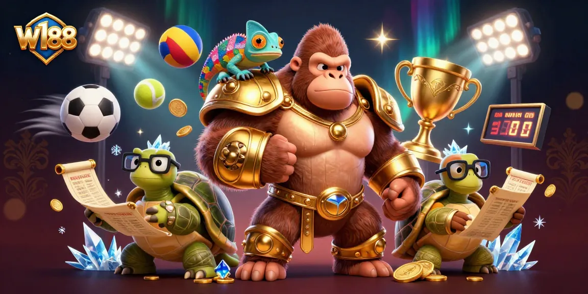 W188 gaming scene with a powerful gorilla, chameleon, and tortoise depicting casino elements and sports betting.