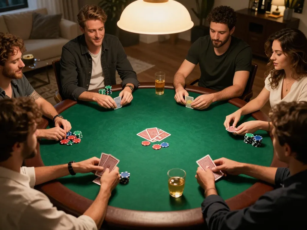 Engaging poker night at home with friends showcasing https://max88sss.com/ gaming strategies and friendly competition.