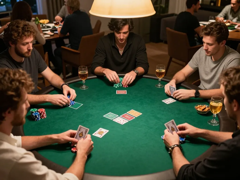 MAY88 poker game night with players engaged around a green felt table, warm lighting and snacks create a cozy atmosphere.