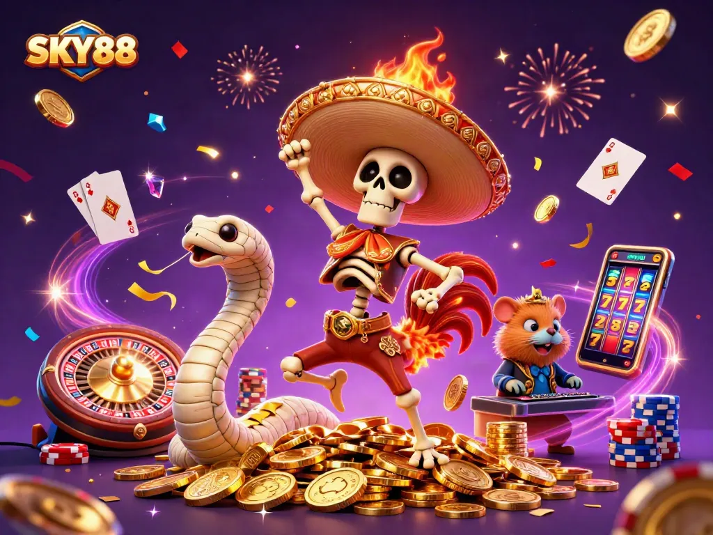 SKY88 showcases an exciting casino scene with vibrant characters celebrating around gold coins and thrilling game elements.