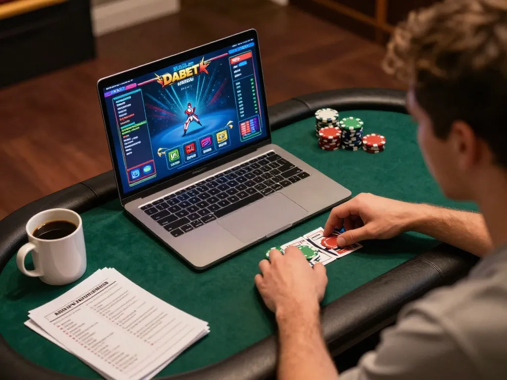 Experience Dabet online poker gaming from a cozy home setup, showcasing strategic gameplay.