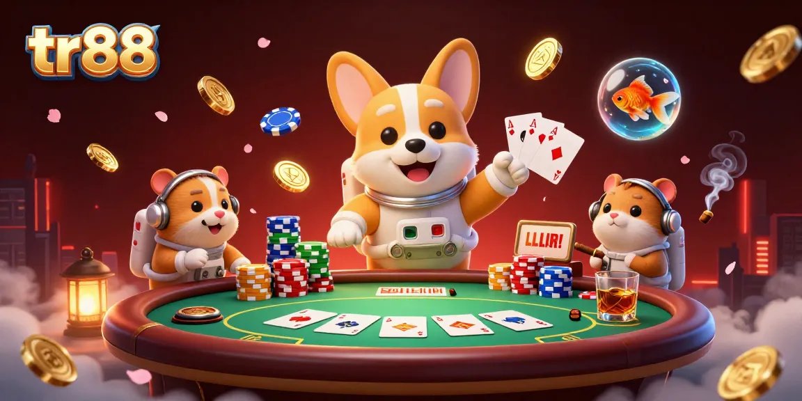 Experience tr88's thrilling gaming scene with a corgi, hamster, and goldfish in a dynamic casino atmosphere.