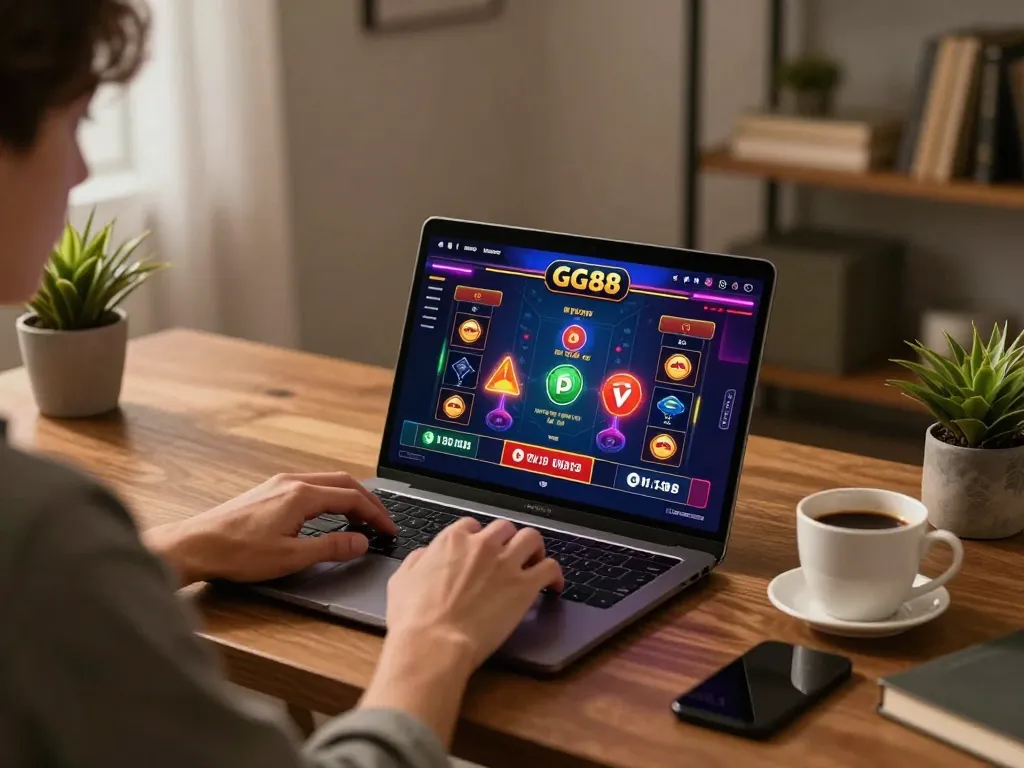 Player enjoying GG88 gaming experience on laptop in a cozy home setup with warm ambiance.