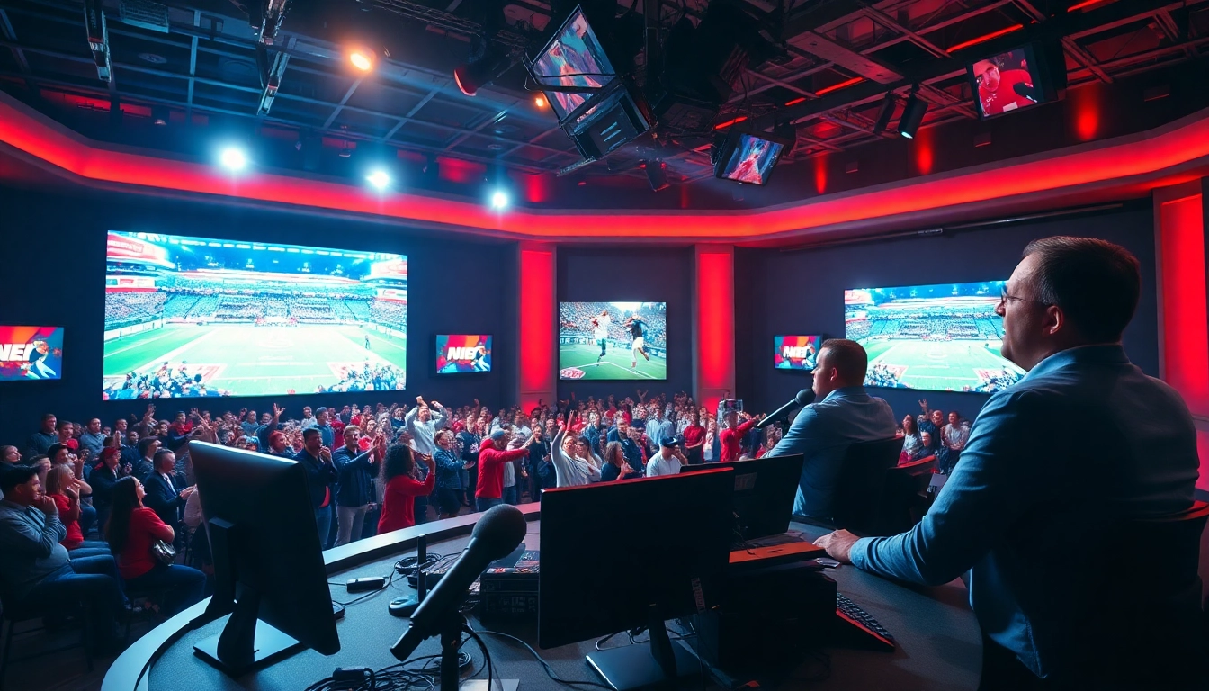Sport Broadcasting hosts engaging viewers in an energetic studio filled with live sports action.