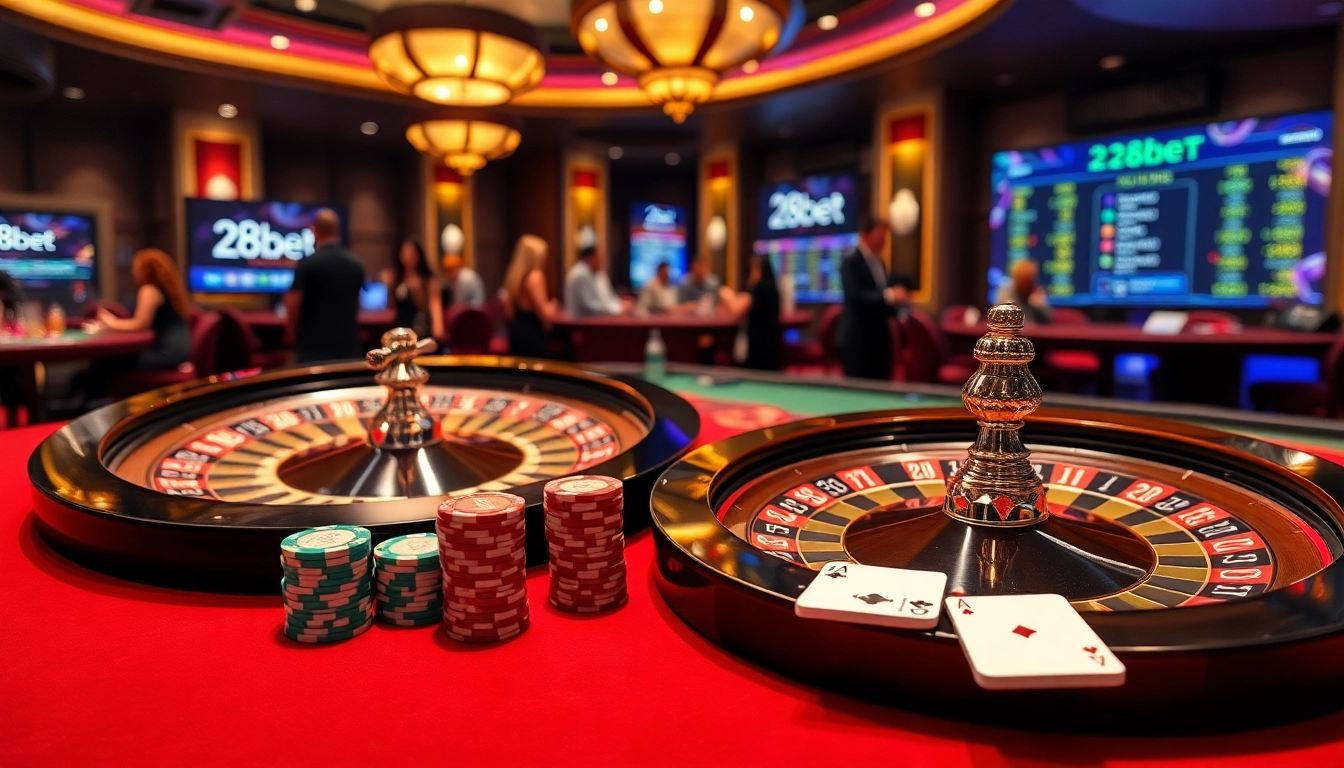 Experience the thrill of 28bet with a luxurious casino setting featuring roulette and poker, perfect for gamblers.