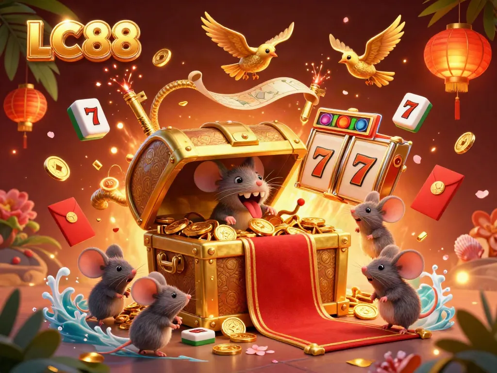 Engage with the thrilling world of LC88 casino, featuring dynamic visuals of a golden treasure chest and slot elements.