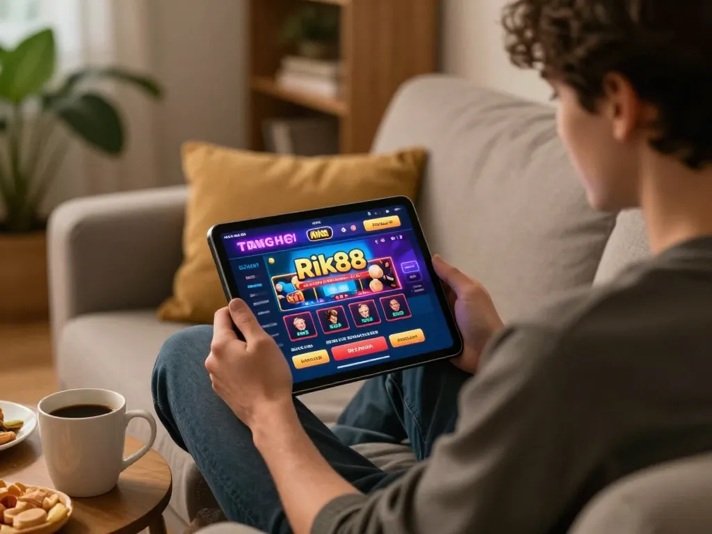 Engage with the Trang chủ Rik88 online gaming platform on a tablet, surrounded by a cozy and inviting setting.