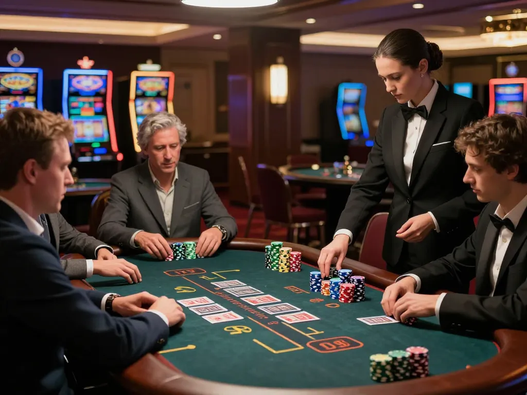 Players engage in strategic blackjack gameplay at a luxurious table, featuring oxbet betting strategies.
