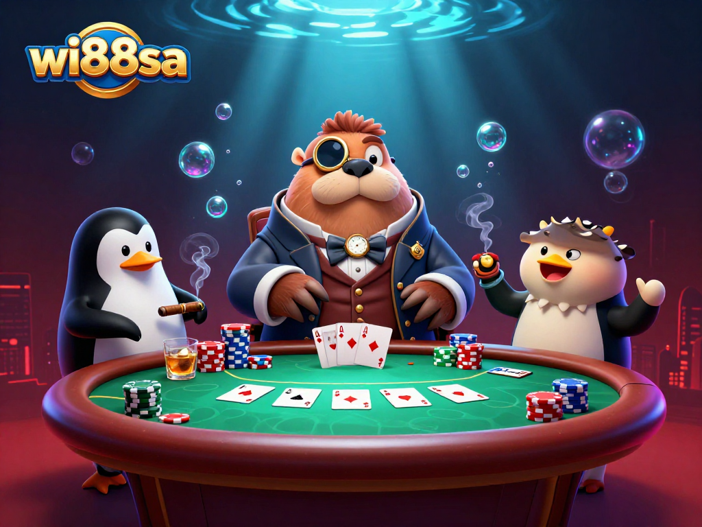 Engage in exhilarating poker action with wi88sa's colorful underwater casino scene featuring animated characters.