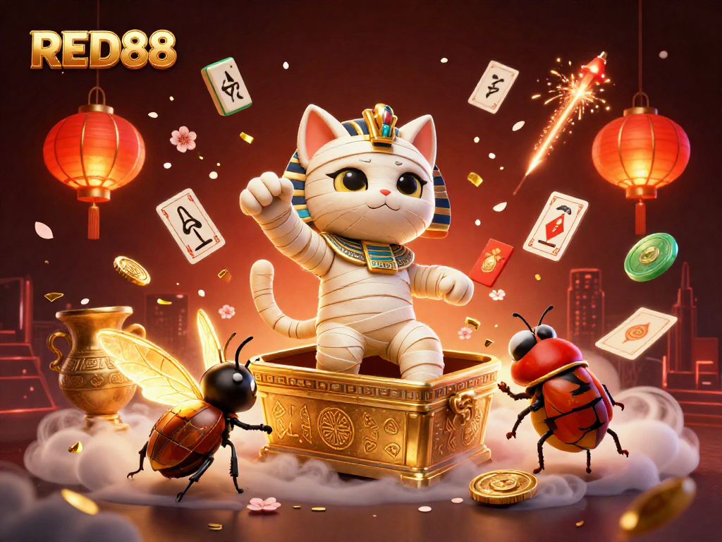 Experience thrilling gameplay at RED88 with a vibrant 3D scene of a mummy cat, scarab beetle, and floating casino elements.