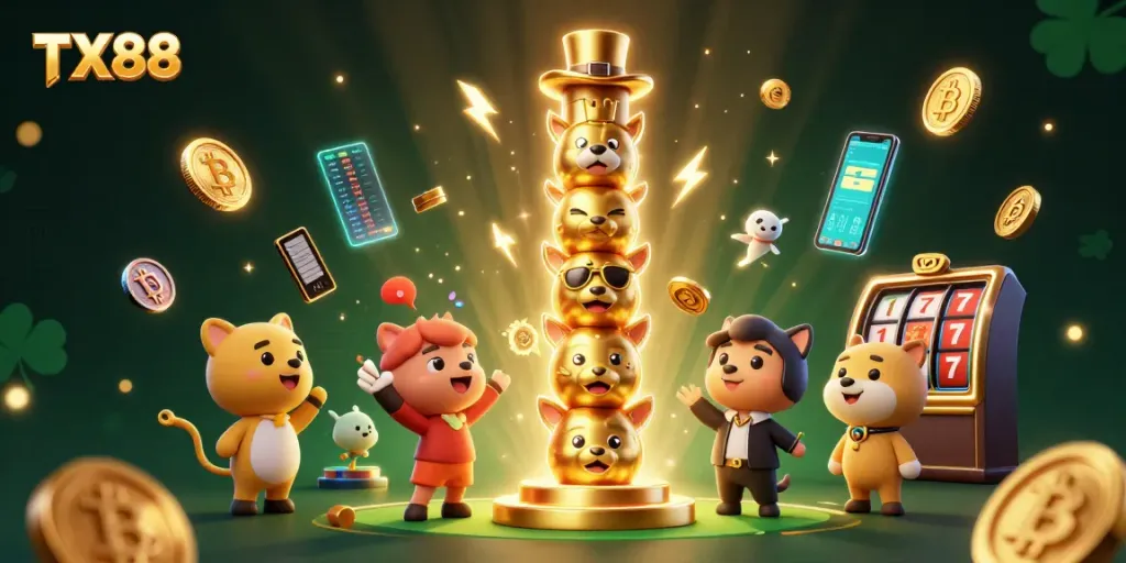 Engage with TX88 through vibrant casino-themed atmosphere featuring lively totem characters.