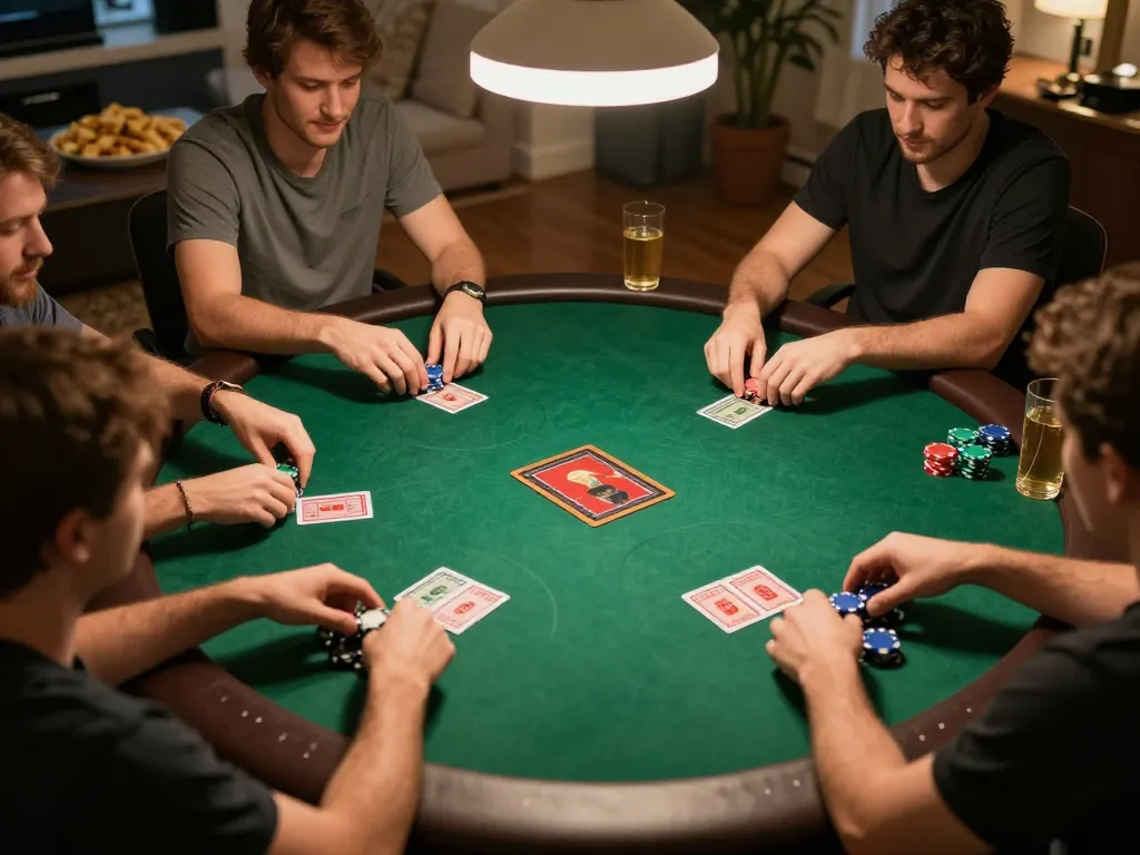 Players enjoy an engaging poker game at home, highlighting the strategic excitement of XOCDIA88.